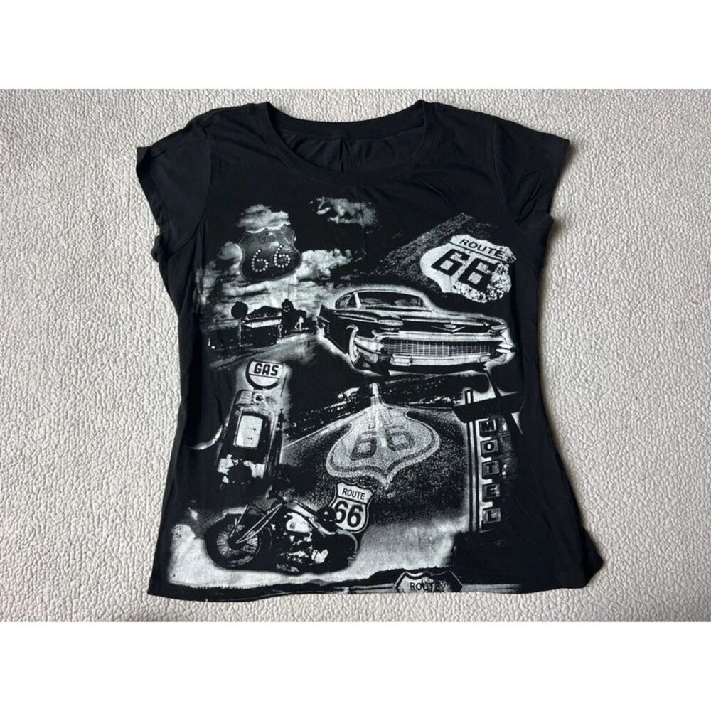 Vintage Y2K Route 66 Black & White Car Graphic Tshirt Womens M or Juniors XL
